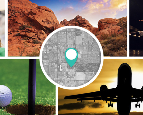 Collage Image of Las Vegas Activities, Airplane, and Red Rocks